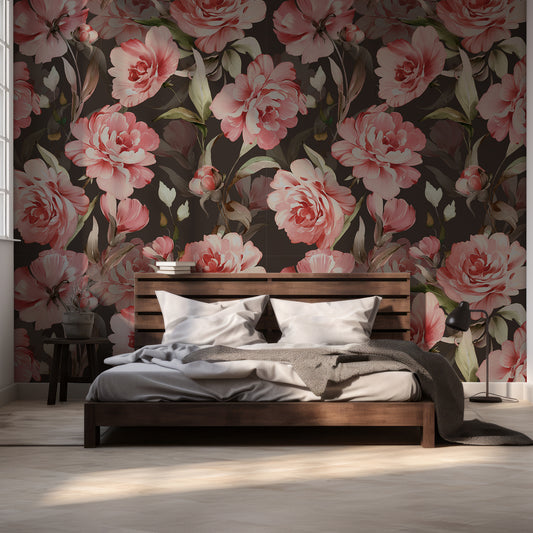 Rosewood Serenade Wallpaper In Room With Dark WOoden Queen Size Bed & Grey Bedding