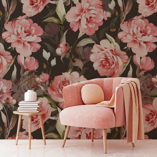 Rosewood Serenade Wallpaper In Room With Pink Chair And Small Wooden Stool