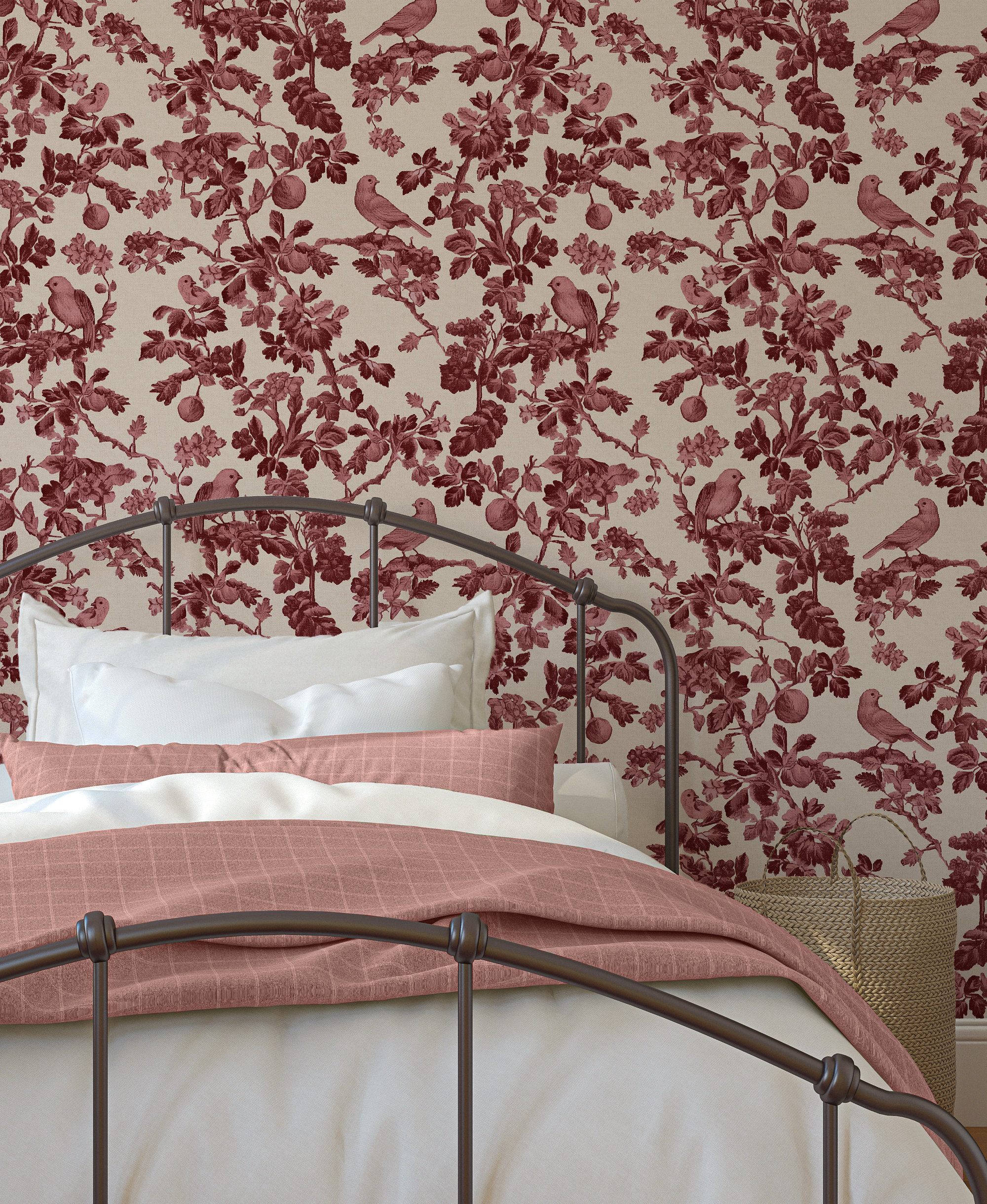 Wall Mural - Vintage Red Toile Inspired Bird Pattern - Removable Wallpaper (Peel & Stick) - Made to Measure