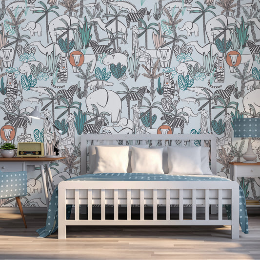 Safari Dreamscape Wallpaper In Bedroom With Blue Polka Bed