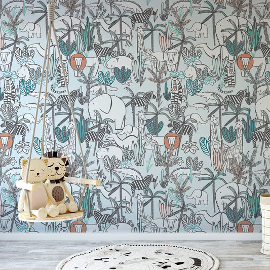 Safari Dreamscape Wallpaper In Kids Bedroom With Hanging Chair With Plushies