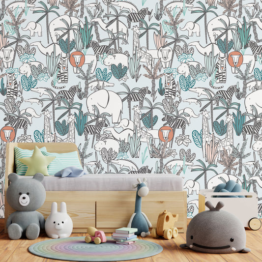 Safari Dreamscape Wallpaper In Kids Bedroom With Lots Of Plushies