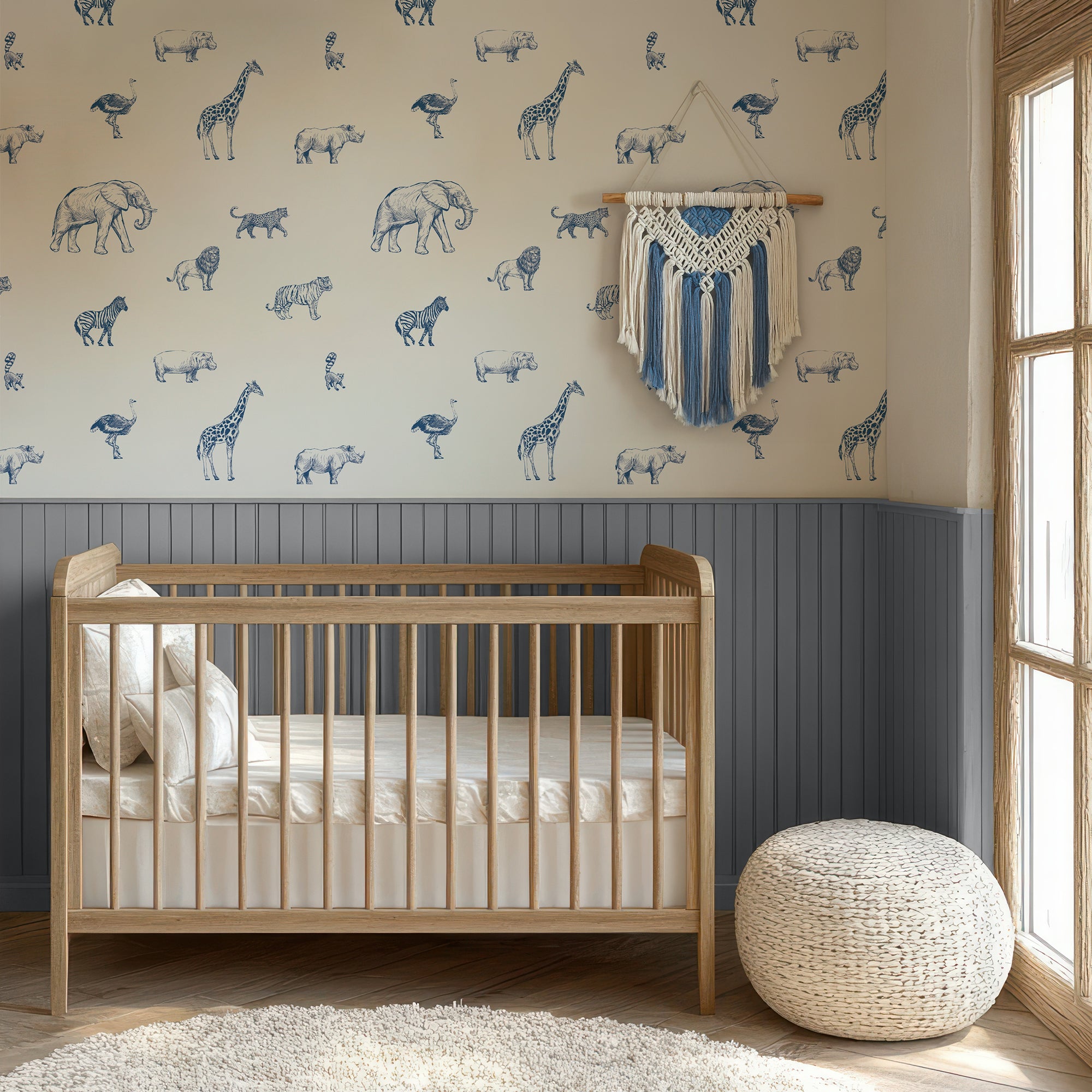 Wall Mural - Blue and Cream Sketched Safari Animals Wallpaper - Removable Wallpaper (Peel & Stick) - Made to Measure