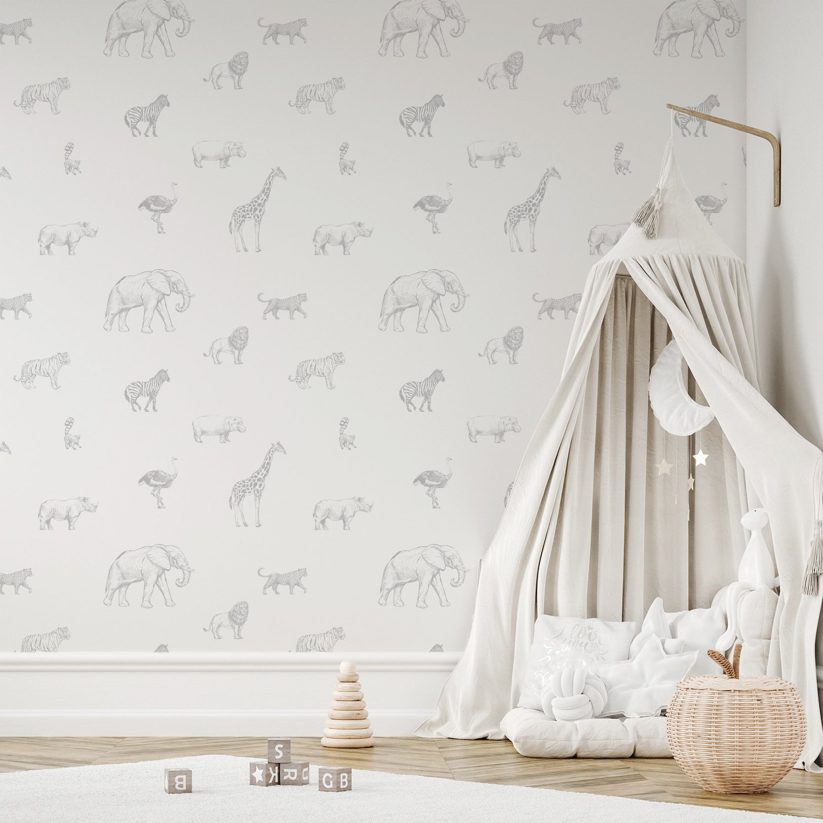 Wall Mural - Grey and White Sketched Safari Animals Wallpaper - Removable Wallpaper (Peel & Stick) - Made to Measure