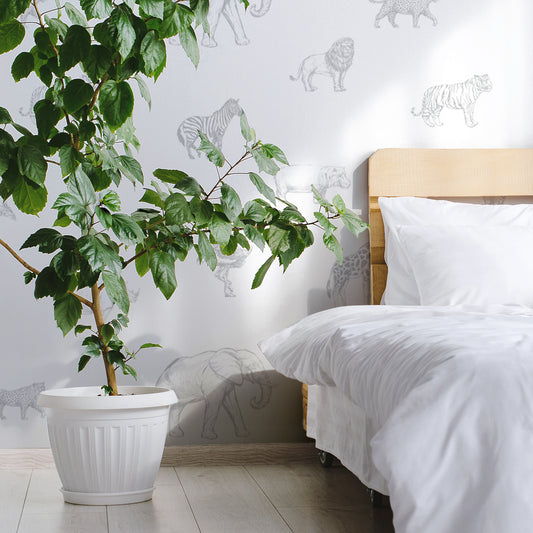 Safari Sketchbook Wallpaper In Bedroom With Large Green Plant and White Large Plant Pot
