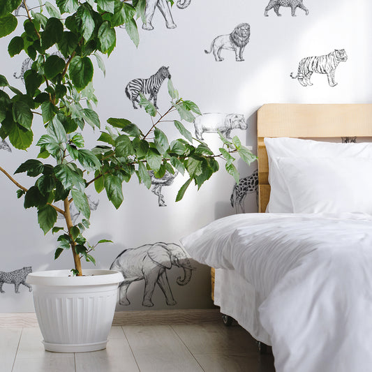 Safari Sketchbook Wallpaper In Bedroom With Large Green Plant and White Large Plant Pot