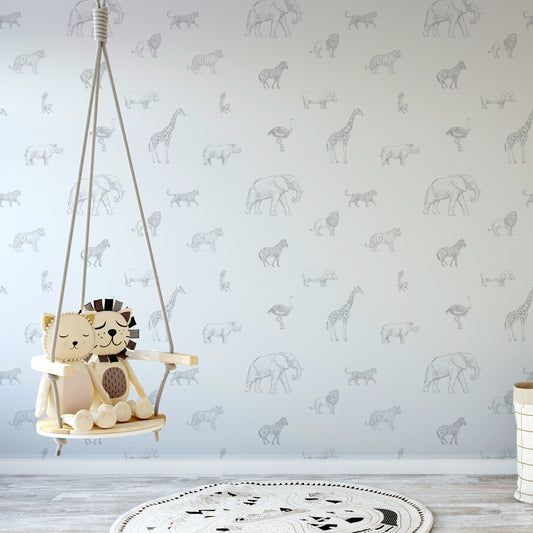 Safari Sketchbook Wallpaper In Child's Room With Hanging Chair & Plush Toys