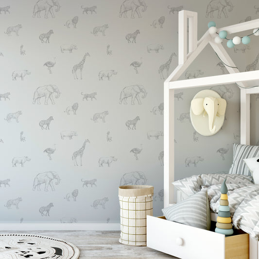 Safari Sketchbook Wallpaper In Child's Room With Large White Bed and Elephant Coat Hanger