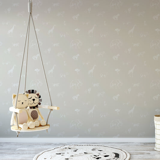 Safari Sketchbook Wallpaper In Kids Bedroom With Hanging Chair WIth Teddies on It