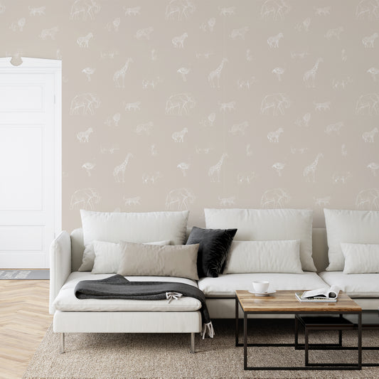 Safari Sketchbook Wallpaper In Living Room With White Sofa And Cushions And Wooden Coffee Table