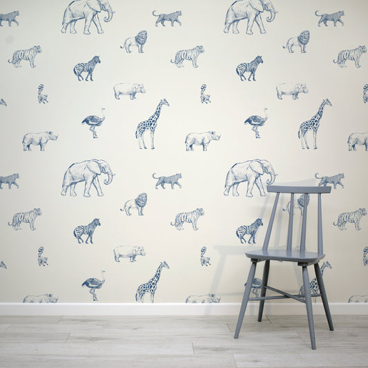 Safari Sketchbook Wallpaper In Room WIth Blue Chair