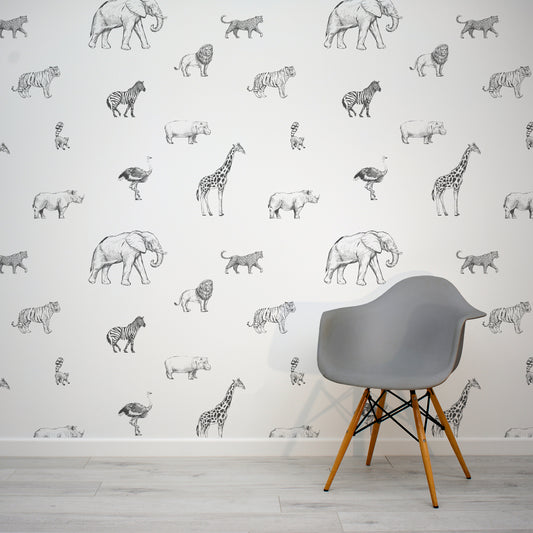 Safari Sketchbook Wallpaper In Room WIth Grey Chair