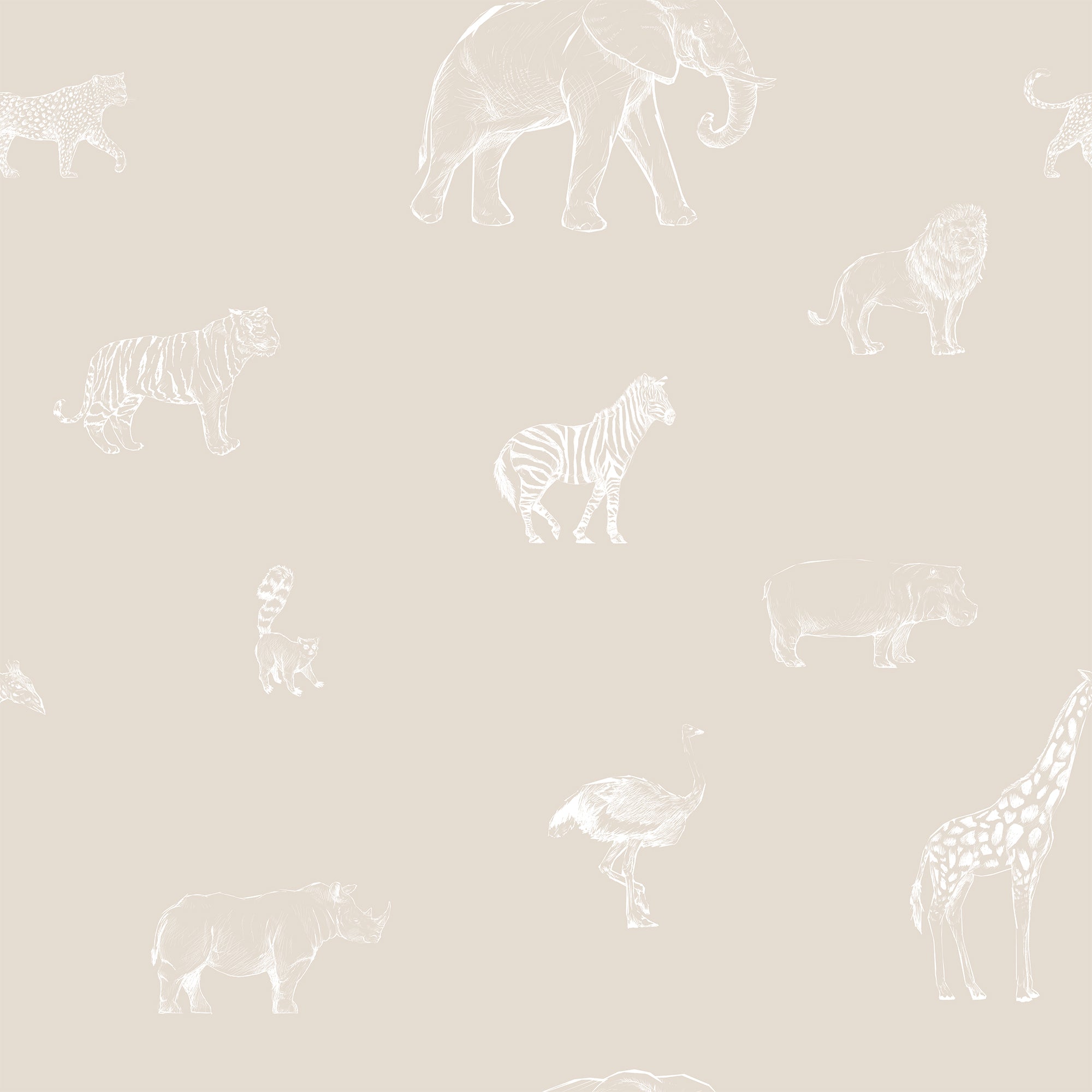 Safari Sketchbook Cream - Cream & White Sketched Safari Animals Wallpaper