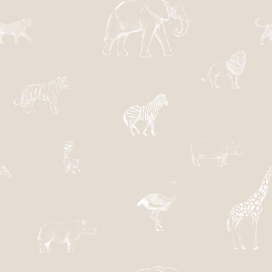 Safari Sketchbook Cream - Cream & White Sketched Safari Animals Wallpaper