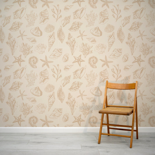 Sandy Shells Seaside Beige and Cream Shell Pattern Wallpaper With Folding Chair