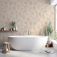 Sandy Shells Seaside In Bathroom With White Bathtub And Green Plants With Wooden Stool