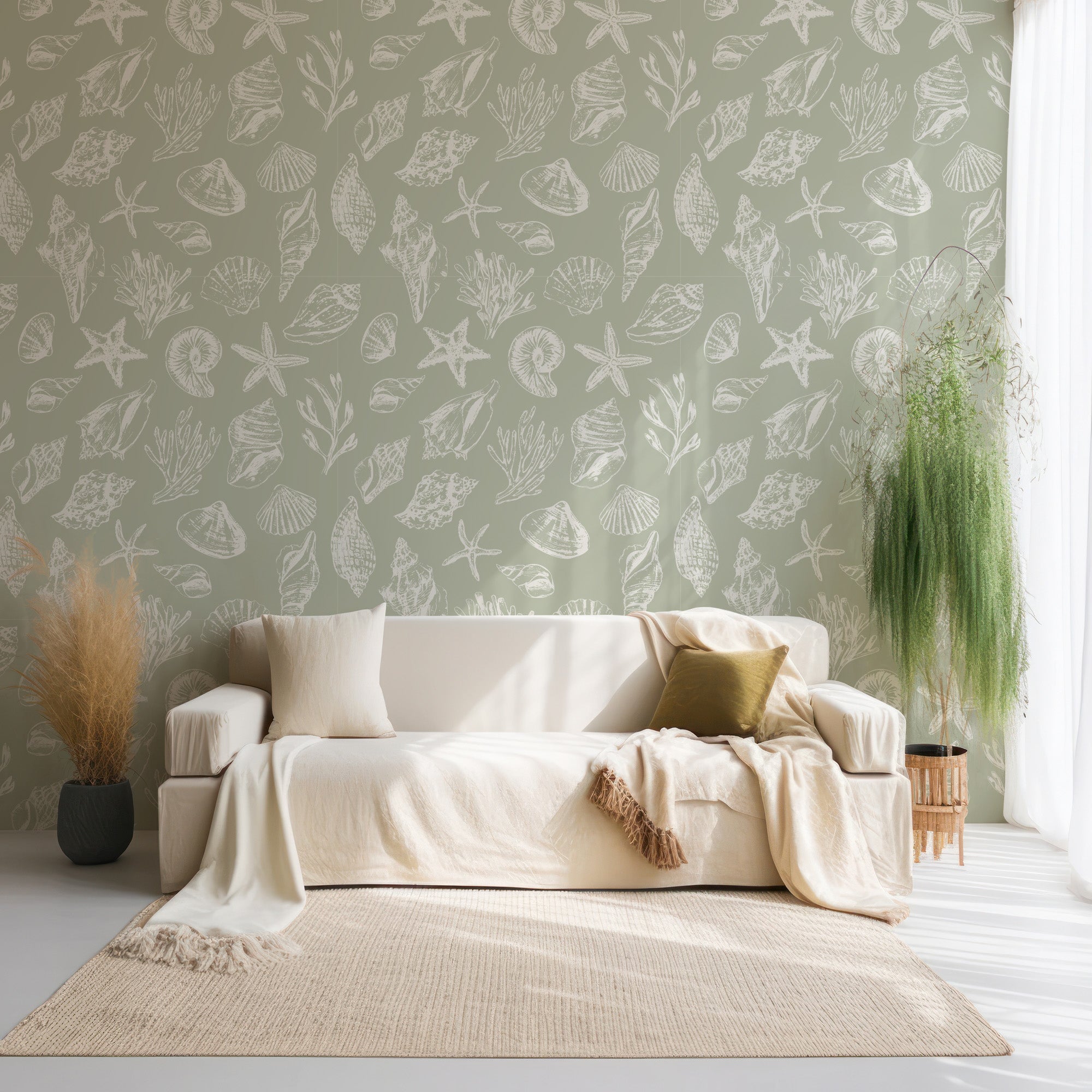 Wall Mural - Green and White Shell Pattern Wallpaper - Removable Wallpaper (Peel & Stick) - Made to Measure