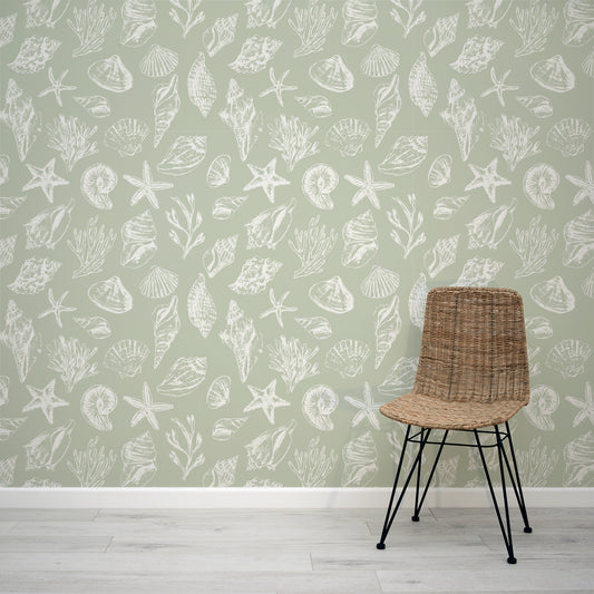 Sandy Shells Seaweed Green and White Shell Pattern Wallpaper with Rattan Chair