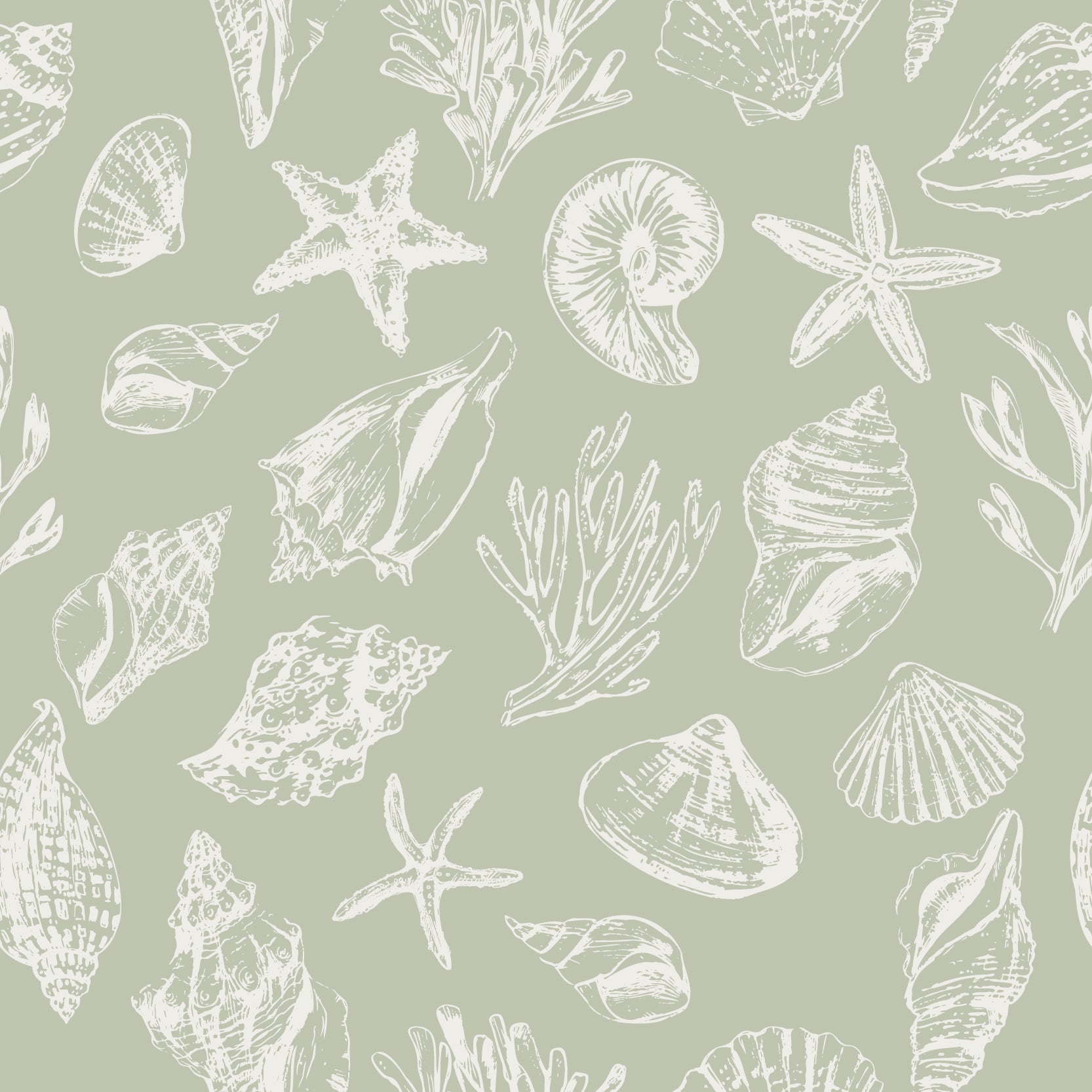 Sandy Shells Seaweed Green and White Shell Wallpaper Full Pattern