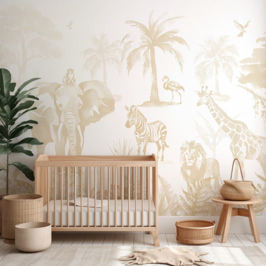 Sango Ecru In Nursery With Wooden Crib And Green Plant And Wooden Stools