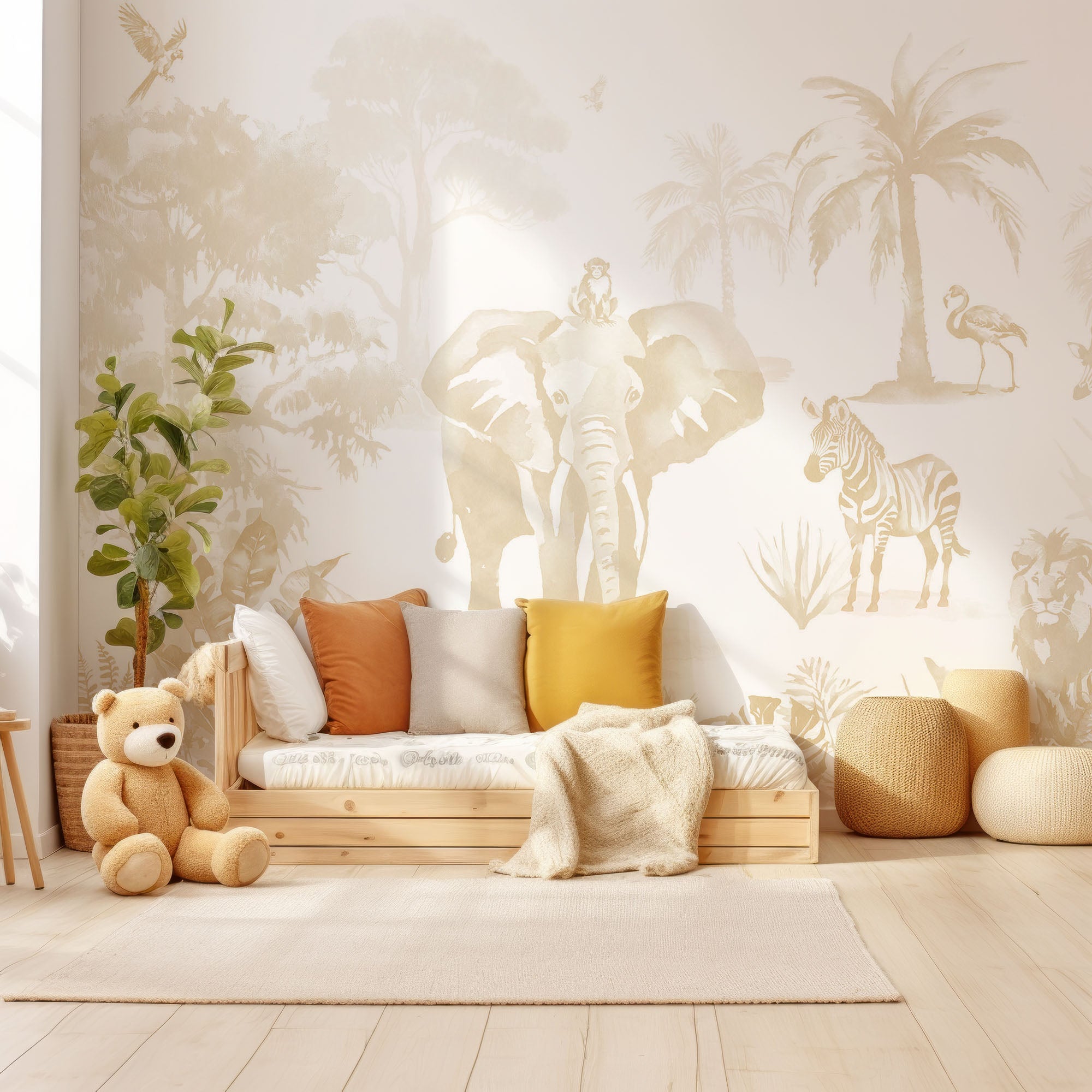 Wall Mural - Cream Watercolour Kids Jungle Safari Animal - Removable Vinyl (Peel & Stick) - Made to Measure