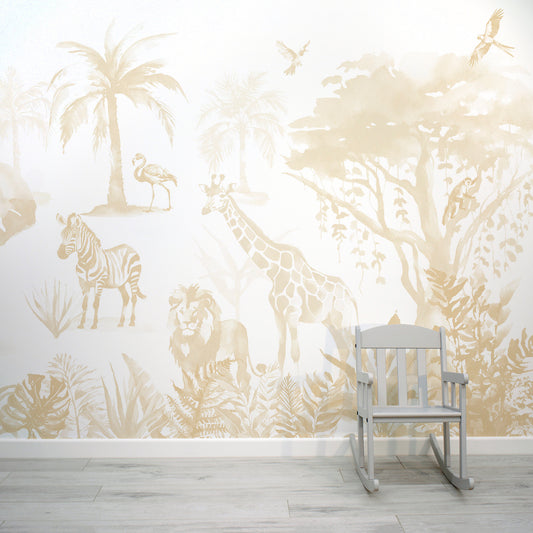 Sango Ecru Cream Jungle Safari Animal Wallpaper Mural with Baby Chair