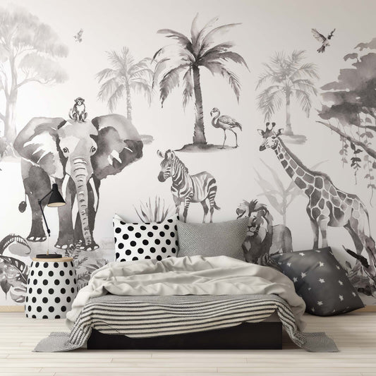 Sango Mono - Monochrome Watercolour Kids Jungle Safari Animal Wallpaper Mural