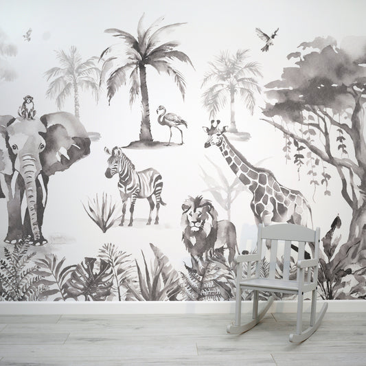 Sango Mono Monochrome Jungle Safari Animal Wallpaper Mural with Baby Chair