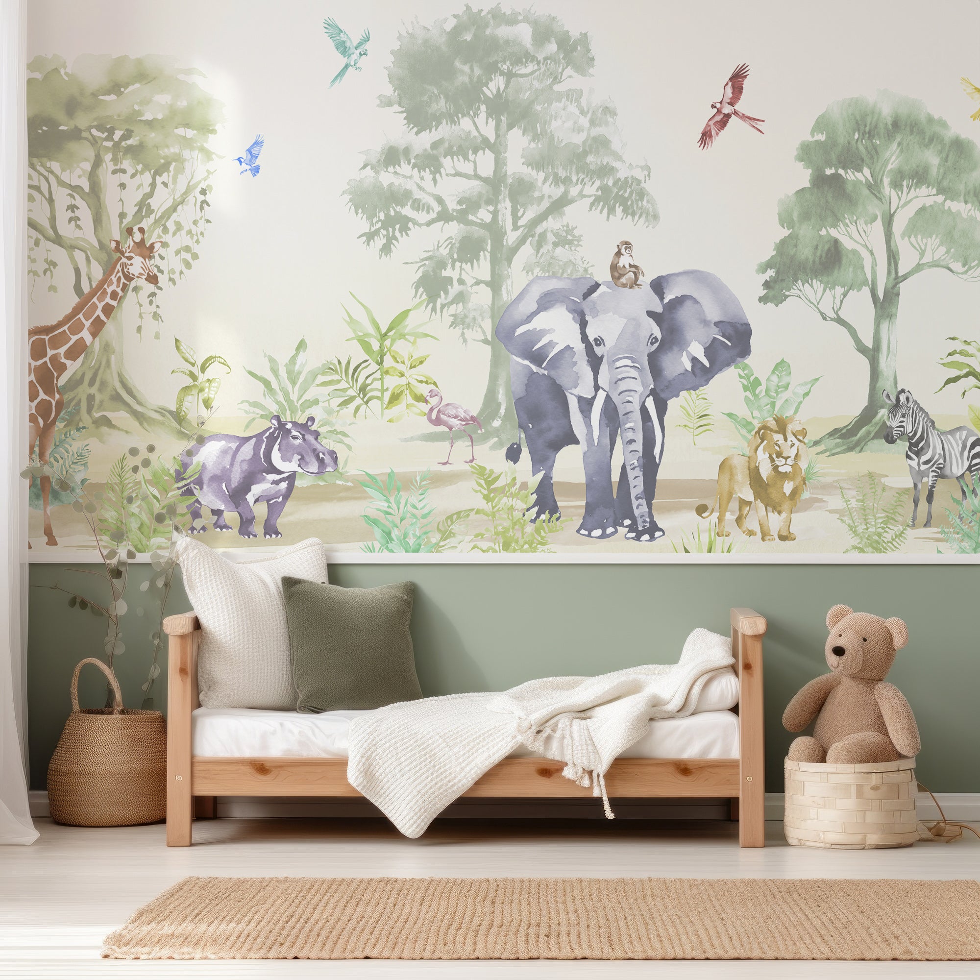 Wall Mural - Colourful Watercolour Kids Jungle Safari Animal - Removable Wallpaper (Peel & Stick) - Made to Measure
