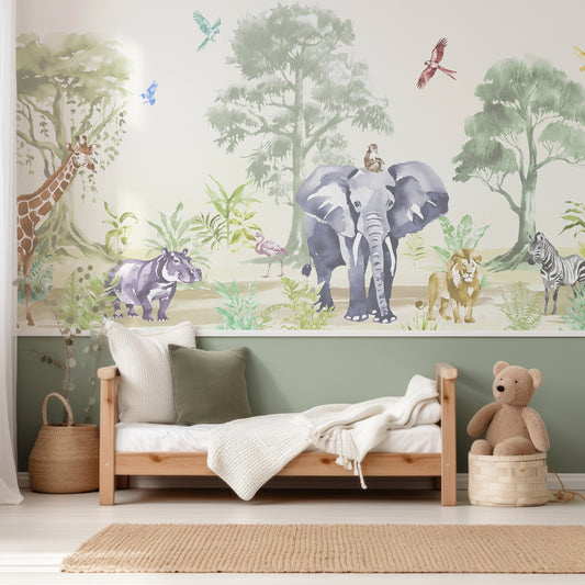 Sango Pano In Child's Bedroom With Small Wooden Bed And White And Green Bedding With Half Wallpapered Wall And Half Painted Green Wall