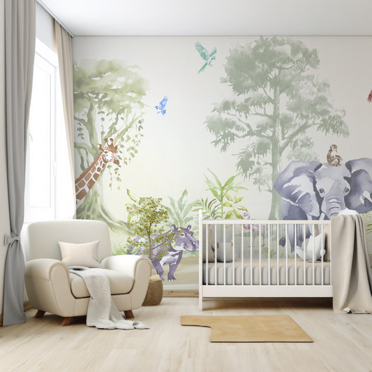 Sango Pano In Nursery With White Cot And Large Cream Chair With Blue Cushions And Blue Bedding