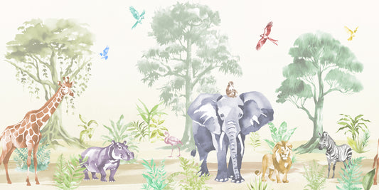 Sango Pano Colourful Watercolour Kids Jungle Safari Animal Wallpaper Mural Full Artwork