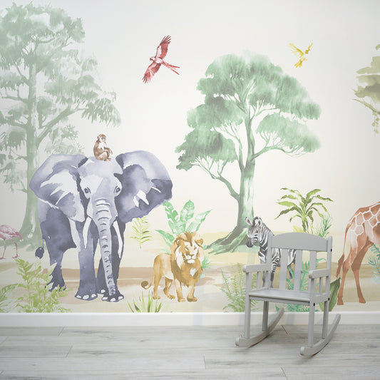Sango Pano Colourful Watercolour Kids Jungle Safari Animal Wallpaper Mural with Baby Chair