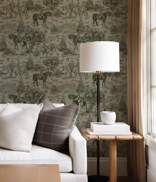 Living room with white sofa, patterned wall, and lamp.