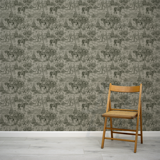Wooden chair against a wall with horse and nature patterned wallpaper