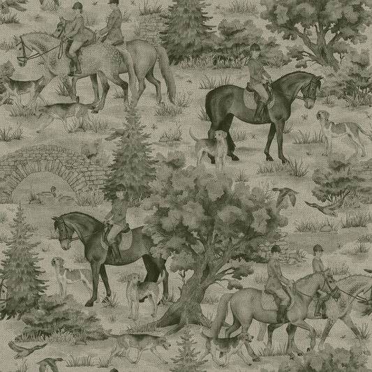 Pattern of people on horseback and dogs in a natural setting