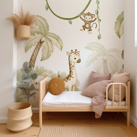 Savannah Joy Wallpaper In Child's Bedroom With Wooden Bed and Neutral Colored Cushions and Plants