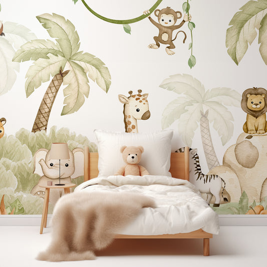 Savannah Joy Wallpaper In Children's Bedroom With White Bed And Fluffy Beige Blanket With Teddy Bear In The Bed