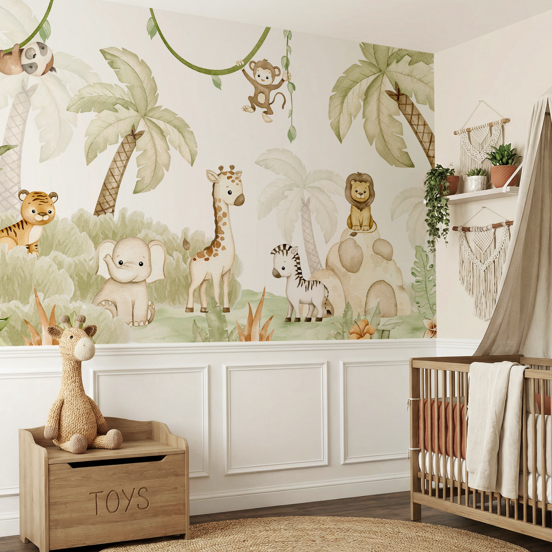 Wall Mural - Cute Watercolour Jungle Animal Nursery - Removable Wallpaper (Peel & Stick) - Made to Measure