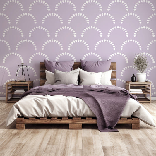 Scaled Droplets Lavender Wallpaper In Bedroom With Purple Queen Size Bedding On A Dark Wooden Bed