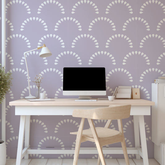 Scaled Droplets Lavender Wallpaper In Office With White And Wood Desk And Computer Screen With Lamp And Plants