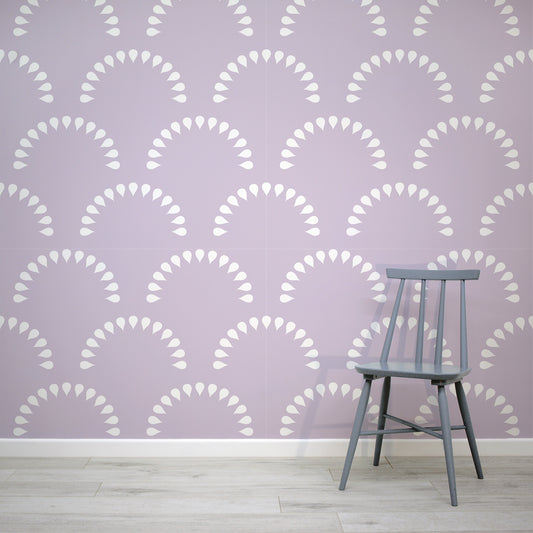 Scaled Droplets Lavender Wallpaper In Room With Blue Chair