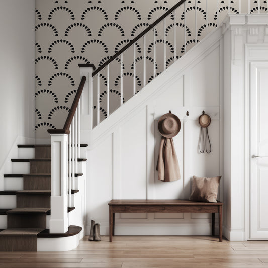 Scaled Droplets Monochrome Wallpaper In Hallway With Dark Wooden And White Stairway