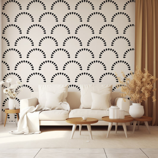 Scaled Droplets Monochrome Wallpaper In Living Room With Cream Sofa With Three Small Wooden Coffee Tables And Golden Curtain