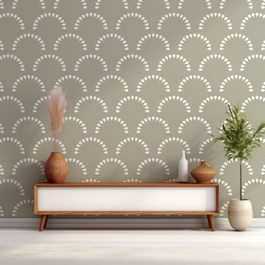 Scaled Droplets Sage Wallpaper In Room With Cabinet, Green Plant And Moss In Golden Vase