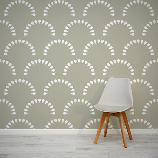 Scaled Droplets Sage Wallpaper In Room With Grey Chair