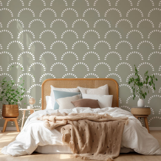 Scaled Droplets Sage Wallpaper In Wooden Bed With White Bedding With Beige Blankets And Green Plants Either Side