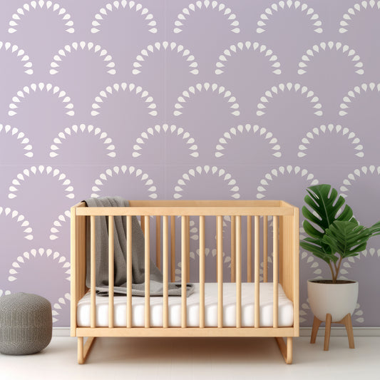 Scaled Lavender Wallpaper In Nursery With Wooden Crib And Green Plant And Grey Blankets