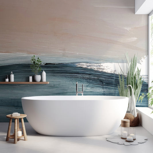 Sea Strokes Wallpaper In Bathroom With White Bathtub And Green Plants With Wooden Stool & Candle