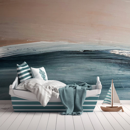 Sea Strokes Wallpaper In Children's Room With Pirate Themed Stripy Blue And White Bed With Wooden Toy Pirateship